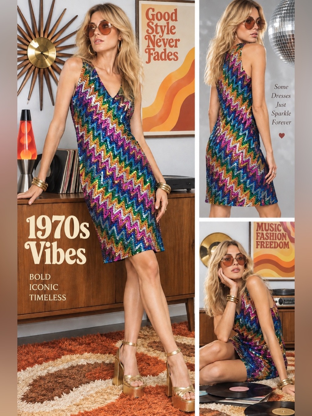 TRUE Vintage Wilma Miami Beach Rainbow Zigzag Sequin Retro Glam Party Dress